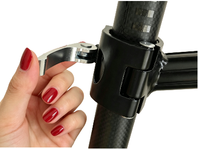 Hand opening the quick-release lever on a Seatpost Hugger clamp