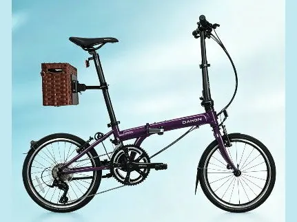 Purple DAHON folder with a wicker rear basket on a Seatpost Hugger