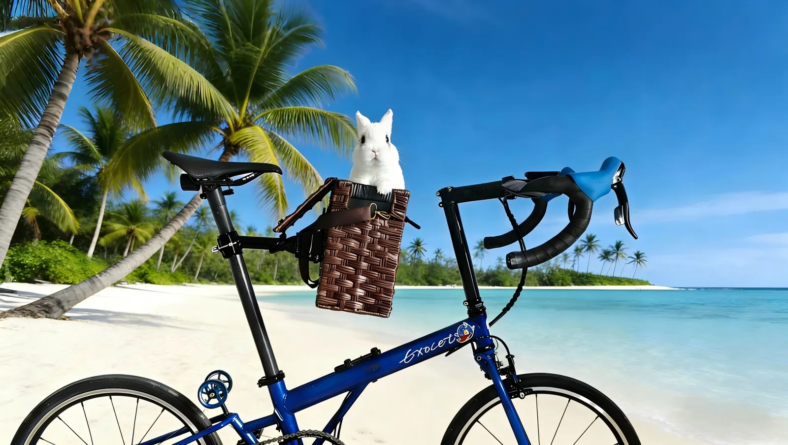 Blue folding bike on a beach, basket reversed forward with a rabbit inside