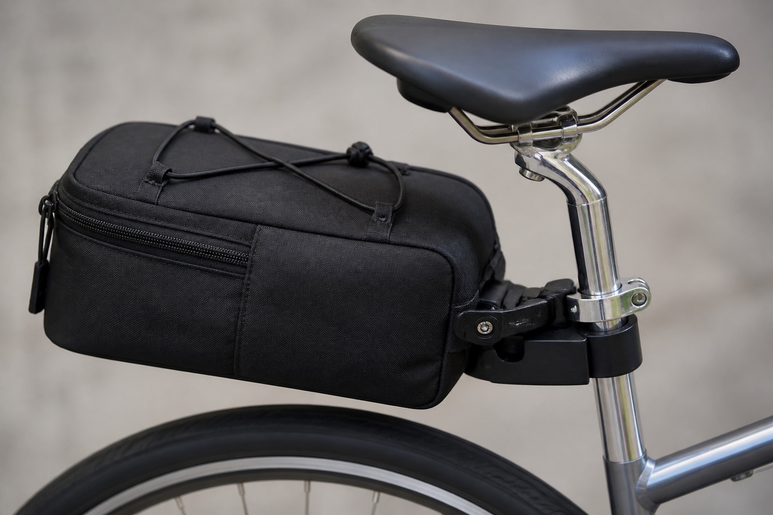 Seatpost clamp adapter holding a quick-release bag behind the saddle