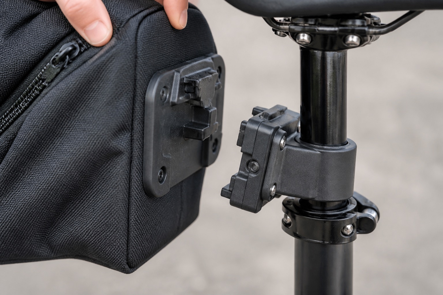 Clicking a bag onto a seatpost quick-release luggage block